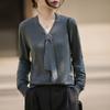 V Neck Knit Long Sleeve Loose Fit Pullover Top With Ribbon