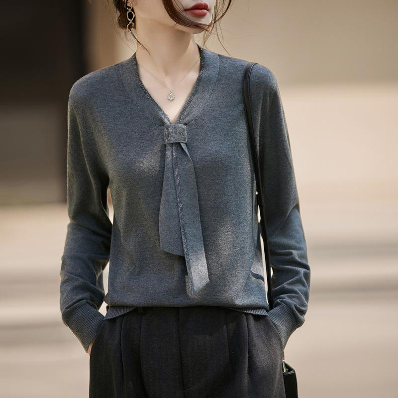 V Neck Knit Long Sleeve Loose Fit Pullover Top With Ribbon