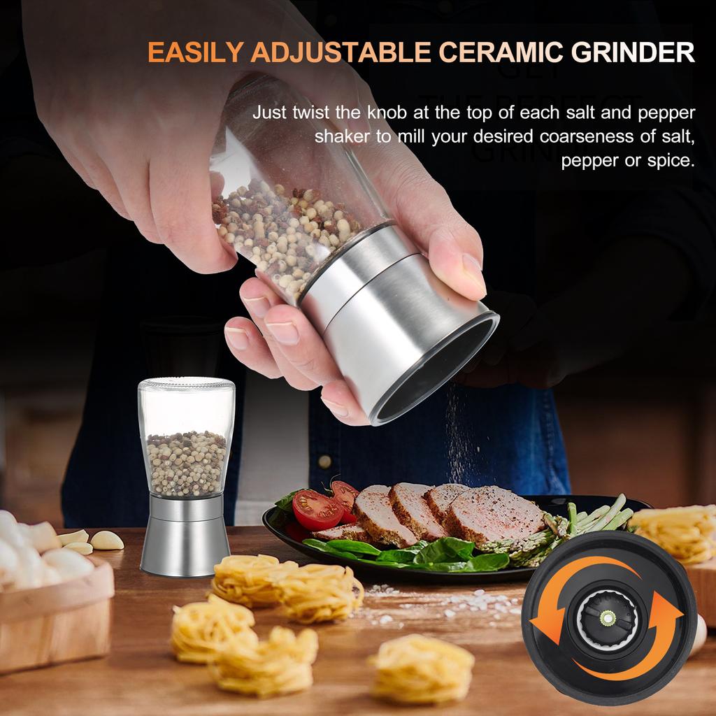 Salt and Pepper Grinder Refillable Coarseness 304 Stainless Steel Salt and Pepper Mill Shakers With Lid Seasoning Jar Holder Container
