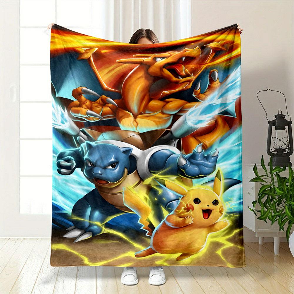 Three dynamic creatures with fire, water, and lightning-themed attacks. for all seasons blanket lunch break throw gift