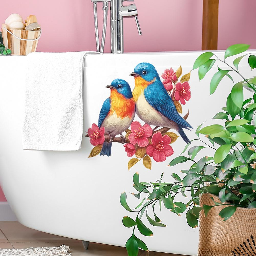 Hand Painted Crabapple Blossom Branch with Small Birds Toilet Seat Sticker Bathroom Decor Self-Adhesive Removable Decal