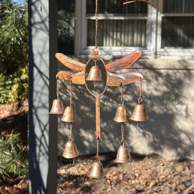 Antique Bronze Dragonfly Wind Chime - 65cm Metal Garden Art with 7 Soothing Melodic Bells, Outdoor Patio Balcony Decor for Home