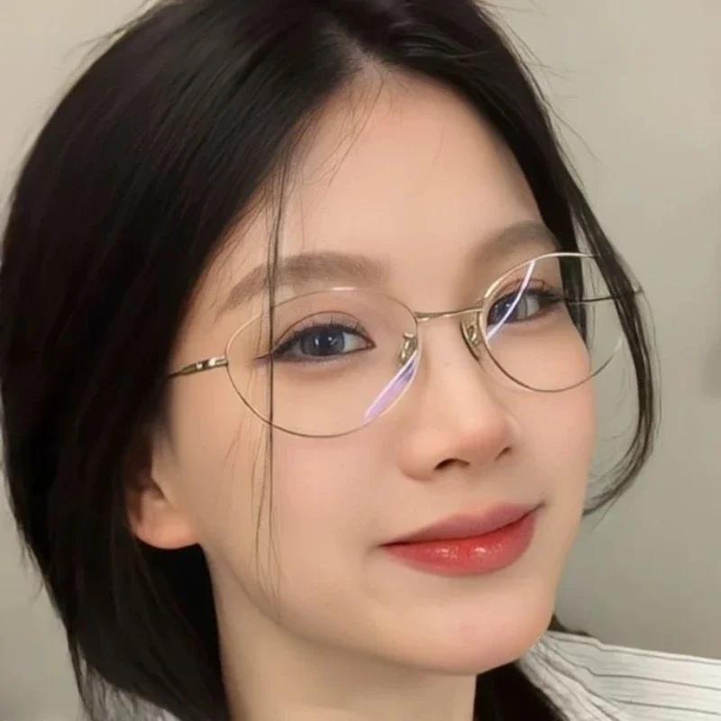 Unisex Ultralight Fashionable Cat Eye Myopic Eyeglasses Oval Shape Metal Material Frames Clear Lenses Anti-Blue Light Eyeglasses Diopter To -4.0