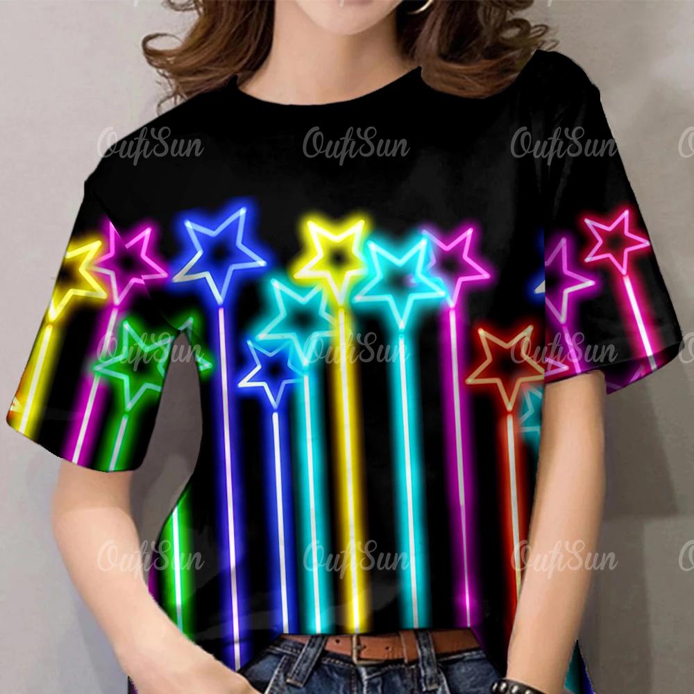 Ladies Rainbow T-shirt, Colorful Star Printed Short Sleeve Top 2XS