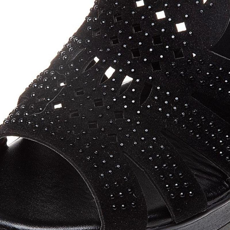 Black High Heeled Sandals Women's Peep Toe Rhinestone Design Retro Roman Style Thick Sole Waterproof Platform Summer