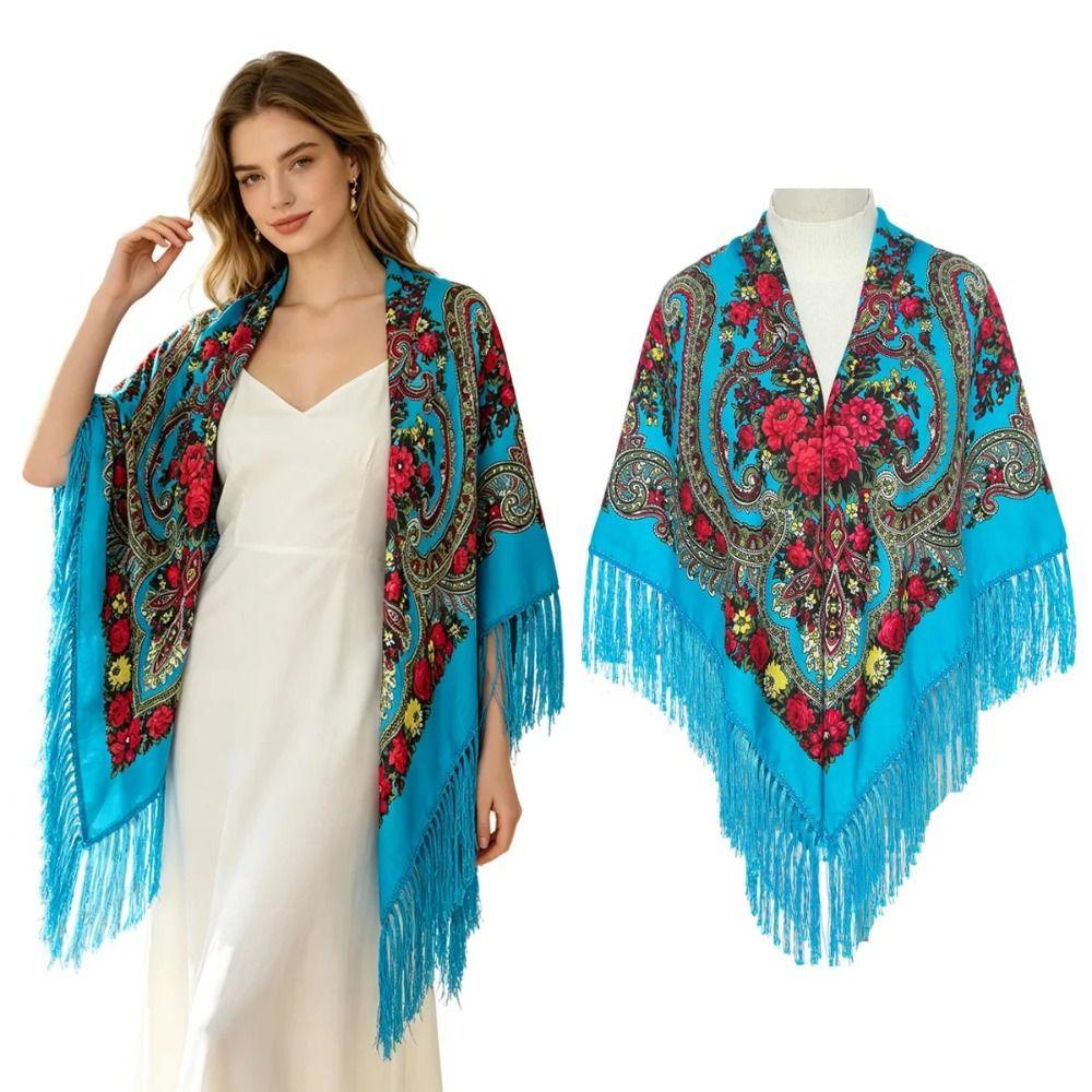 Polyester Russian Square Scarf Tassel Trim Floral Print Scarf Tassel Shawls Outdoor Activities