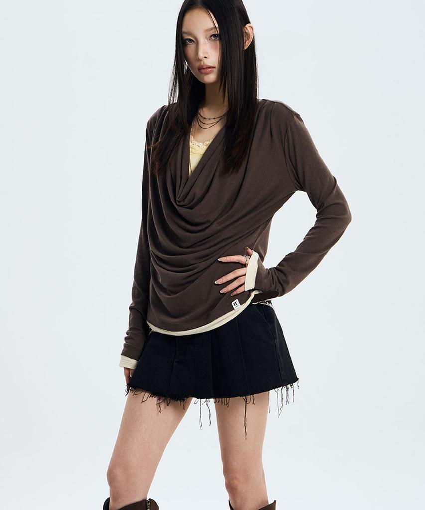NOTKNOWING Deep Cowl Layered Top (Brown)
