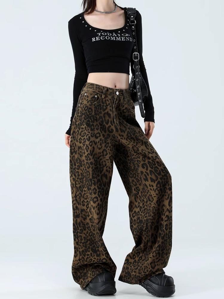 Hnědé leopardí džíny dámské džínové kalhoty dámské nadměrné široké nohavice streetwear hip hop vintage oblečení volné ležérní