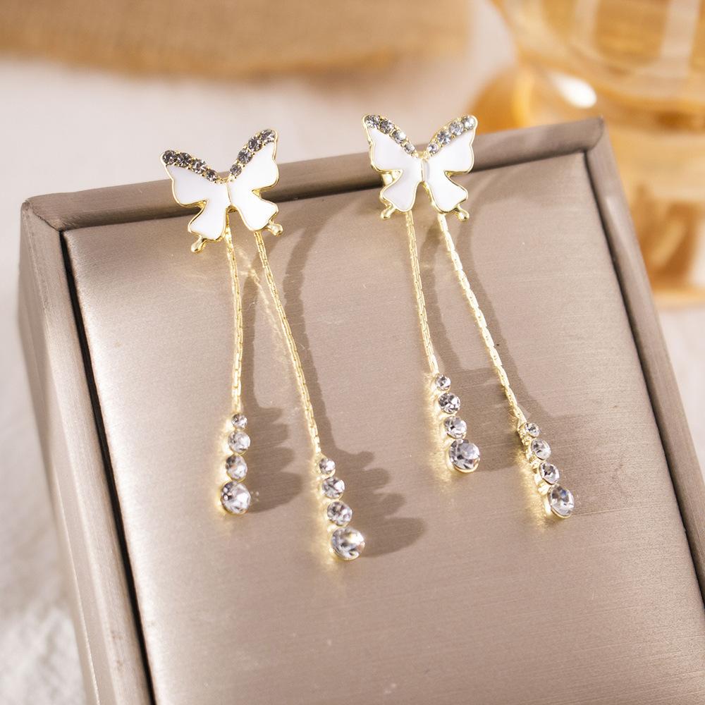 Silver Needle Elegant Diamond-encrusted Long Fringed Earrings Niche Temperament Versatile Earrings Simple Light Luxury High-end Earrings Women