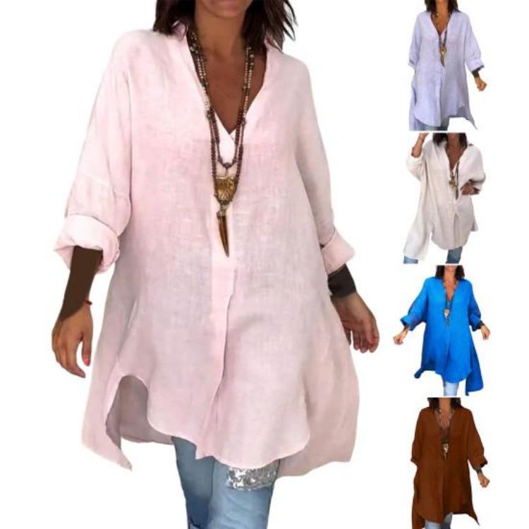 Long Sleeve Women Shirt V Neck Side Split Hem Pullover Tops Loose Fit Solid Color Summer Daily Wear