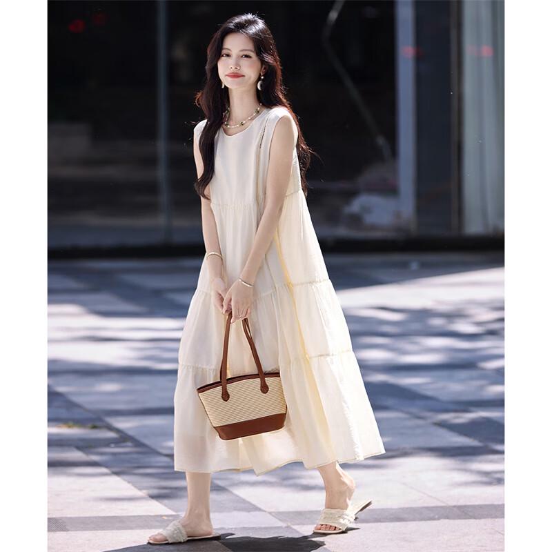 Women's Solid Pleated Sleeveless Round Neck A-Line Dress