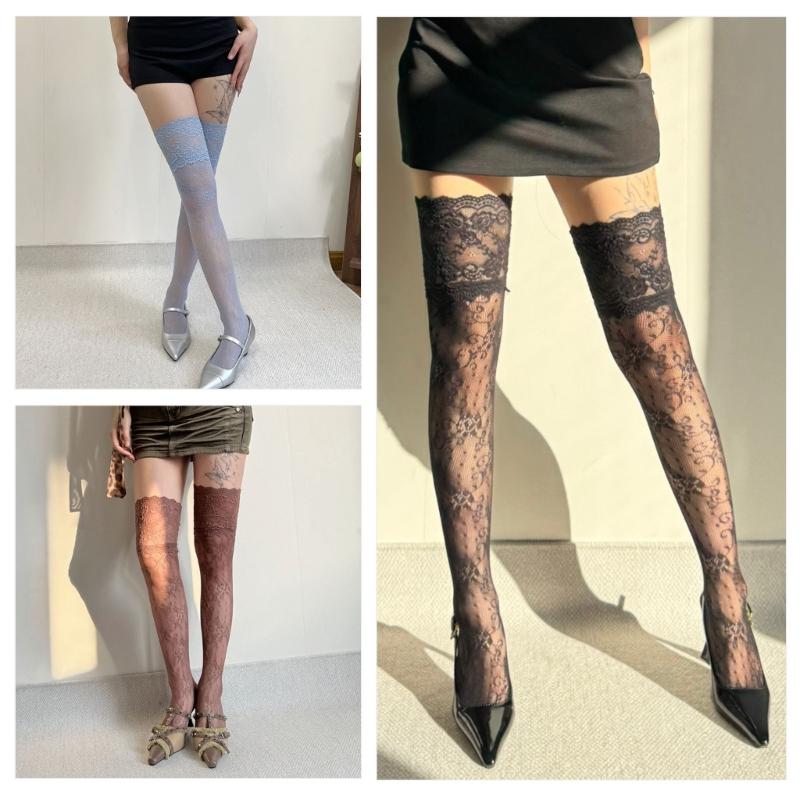 Stylish Long Boot Socks with Full Flower Lace Design for Women Sheer Colorful Fishnet Thigh High Over the Knee Stockings