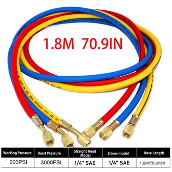 0.9M-1.8M A/C Charging Hose Tube Kit Hose Low Loss Fittings for R134A R12 R22 Refrigerant Air Conditioning Manifold Gauge 1/4" S