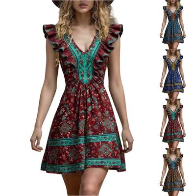 Abito da Donna Casual Svasato Scollo a V Vacanza Boho Spiaggia Vestito Estivo