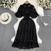 Fancy Accessible Luxury Graceful Puff Sleeve Stand-up Collar Cinched A- Line Cut Out Lace Dress Elegance Dress Long Skirt