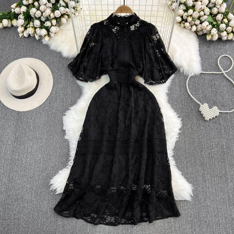 Fancy Accessible Luxury Graceful Puff Sleeve Stand-up Collar Cinched A- Line Cut Out Lace Dress Elegance Dress Long Skirt