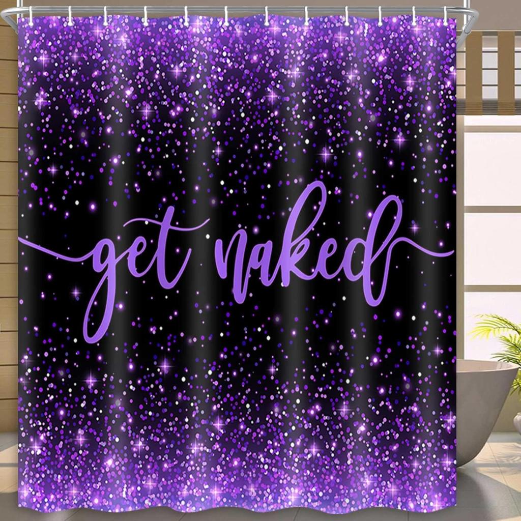 Boziqr Fabric Purple Shower Curtain, Get Naked Shower Curtains for Bathroom, Funny Cute Art Fonts Words Bath Curtains Women Girls Bathroom Decor, No