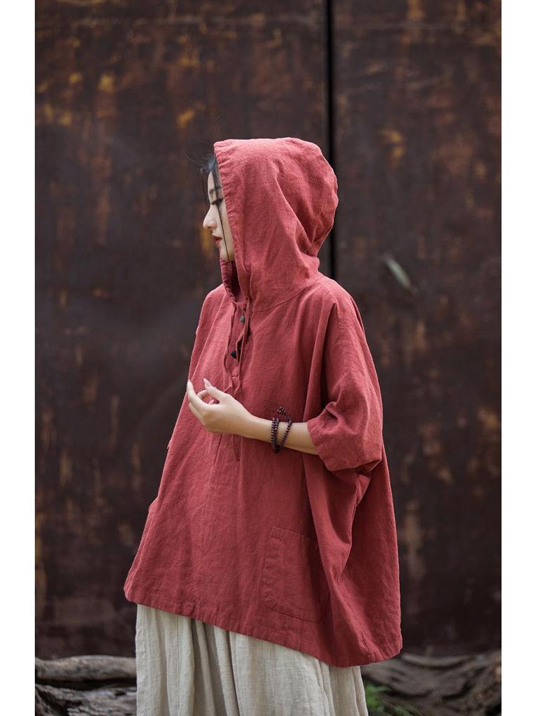 Women's Cotton Linen Hooded Frog Button T-shirt - Autumn/Winter Short Sleeve Sun Protection
