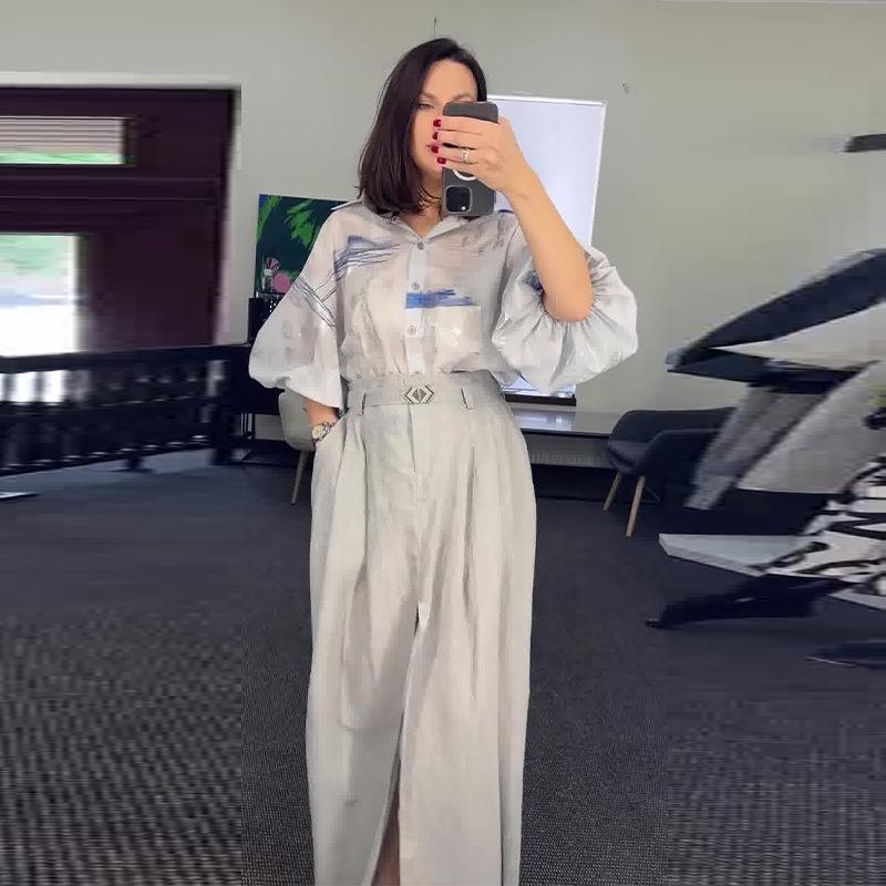 2024 Autumn Women's Puff Sleeve Shirt and High Waist Midi Skirt Two-Piece Set