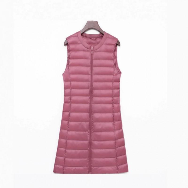 Womens Lightweight Duck Down Vest No Collar Round Neck Inner Wear Mid-Length Plus Size Urban Chic