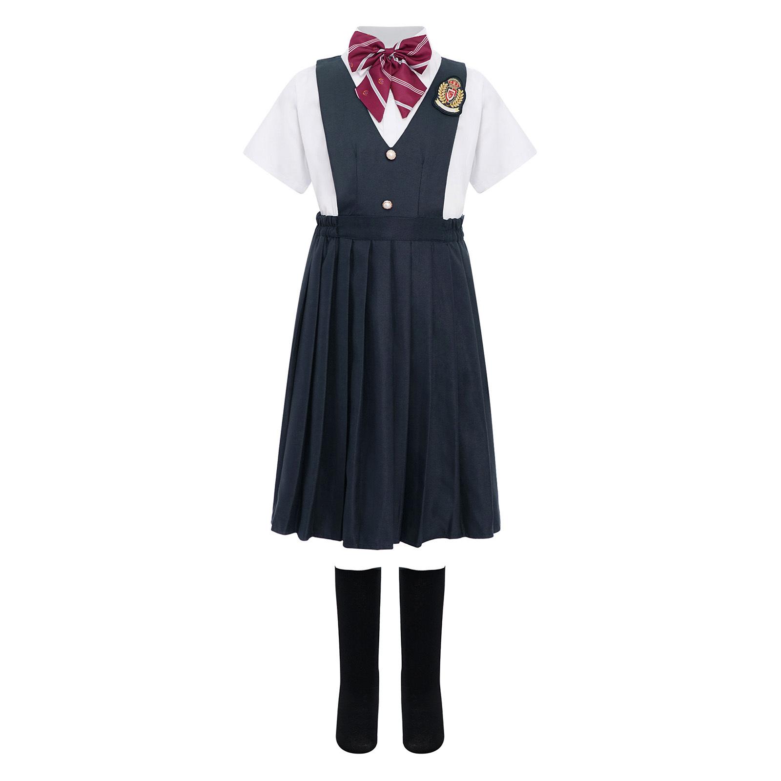 

Girls School Uniform Short Sleeve Shirt V Neck Sleeveless Pleated Overall Dress Bowtie Socks Badge Set 7-8 Years темно-синього кольору
