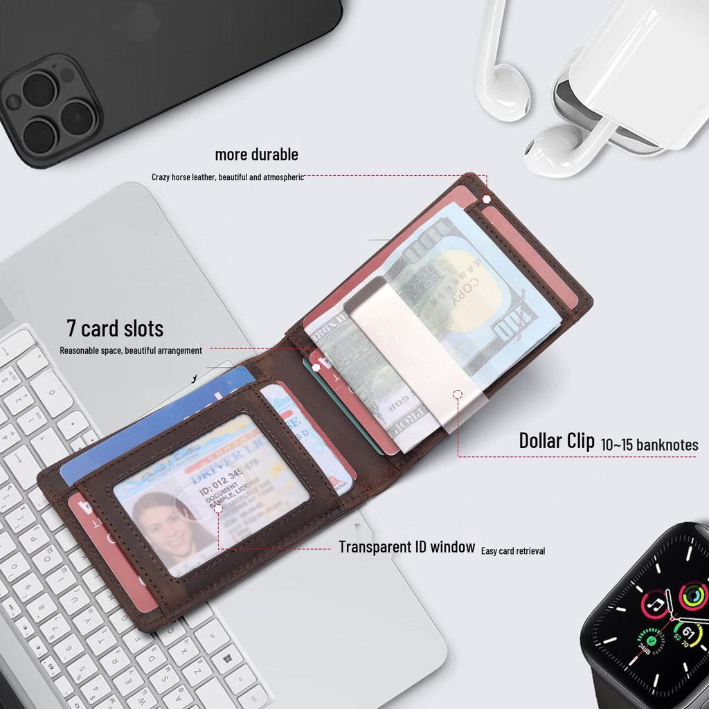 Crazy Horse Leather Men's RFID Wallet with AirTag Holder, Money Clip, Multi-Card Slots, and Anti-Theft Protection.