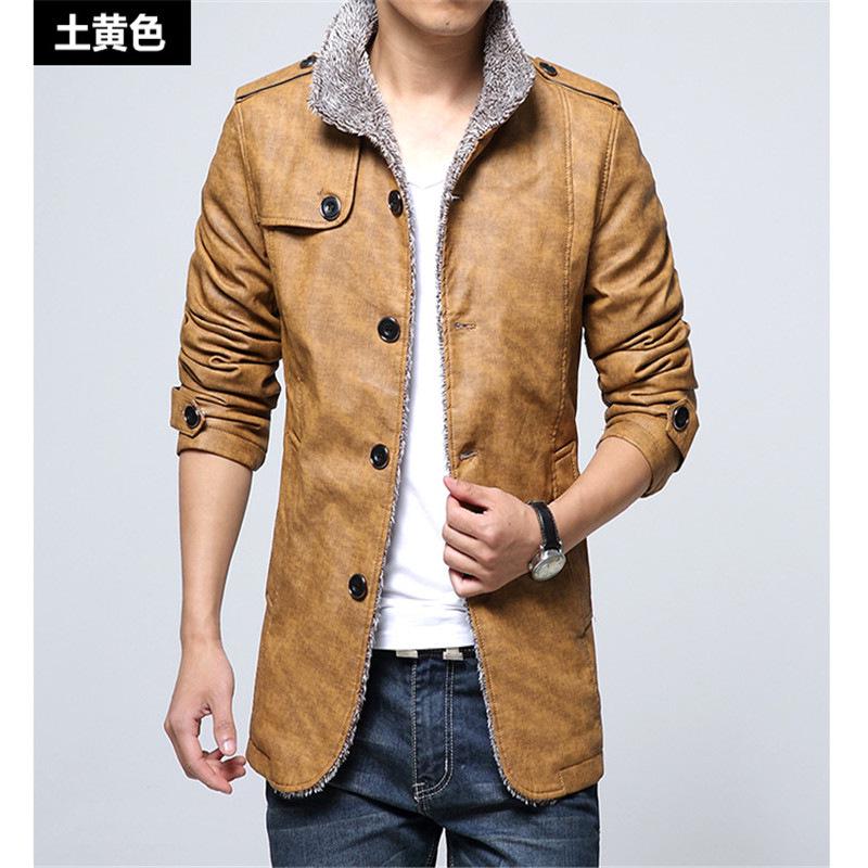 Autumn and winter men's stand-up collar fleece thickened pu leather jacket large size casual medium and long leather jacket