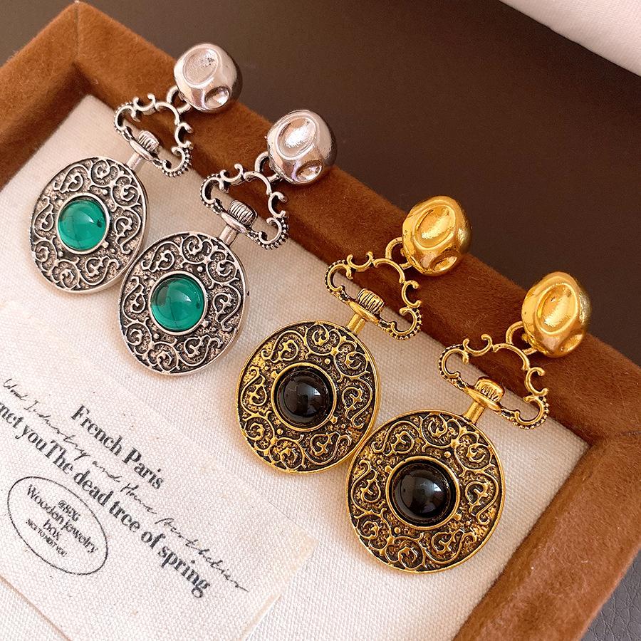 Vintage Round Drop Earrings Women Geometric Embossed Pattern Hollow Dangle Earrings Fashion Minimalist Party Jewelry Accessories