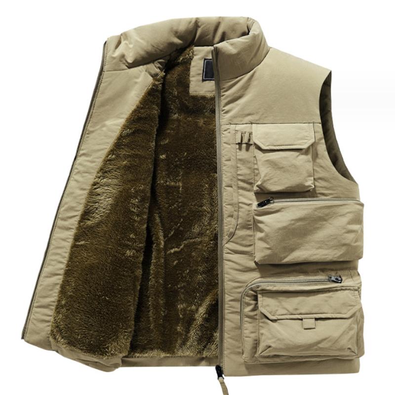 Fashion Men Cargo Vest Winter Thick Fleece Warm Sleeveless Sport Jacket Solid Color Coat Men Pockets Work Waistcoat