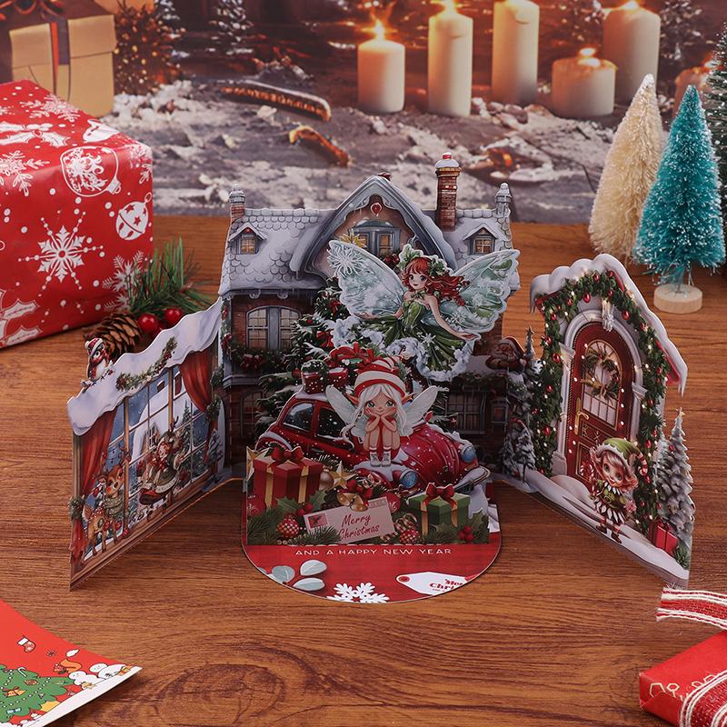 3D Julkort Julaftons Scen Med Jultomten, Flicka, Snöig By Festligt Julhälsningskort