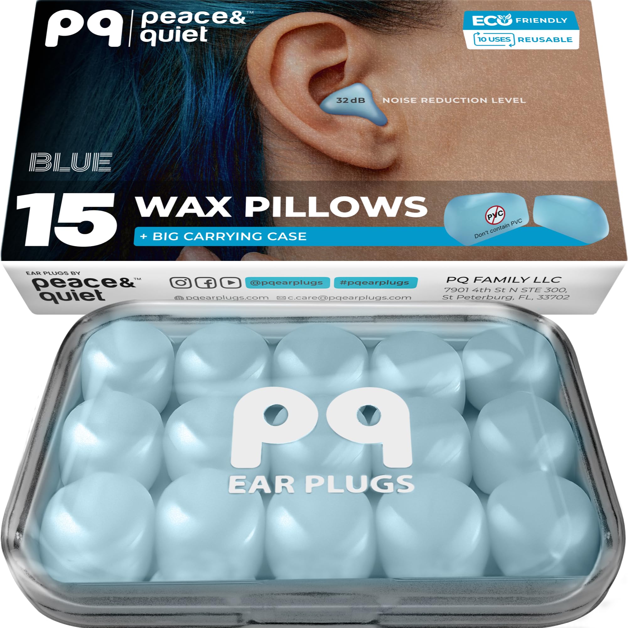 

PQ Wax Earplugs for Sleeping and Swimming 15 Soft Silicone Gel Wax Earplugs for Sleeping and Ear 32dB Sound Blocking Level Blue - Noise-Canceling синий