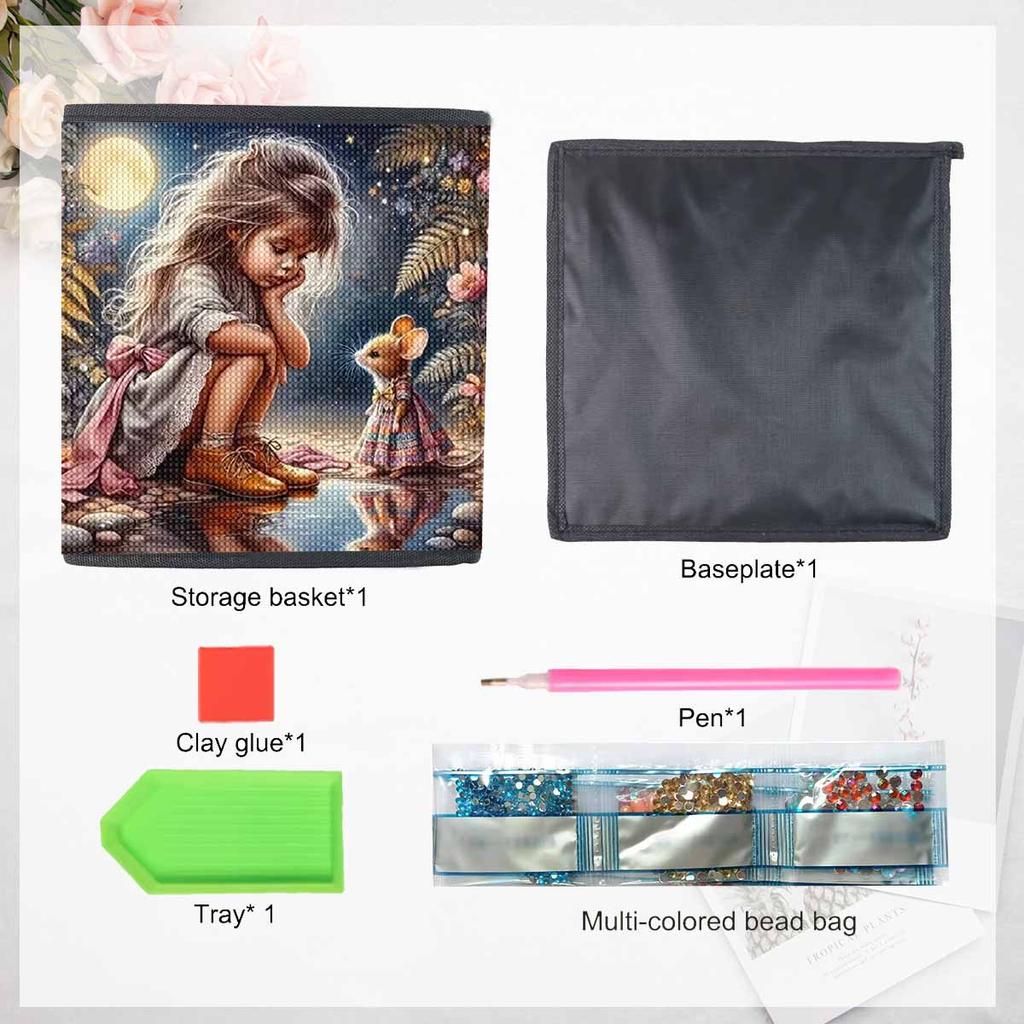 Das Mädchen und die Maus 5D Diamantmalerei Aufbewahrungskorb Voll Runde Bohrer Mosaik Diamantstickerei Kreuzstichsets Heimdeko Heimdeko