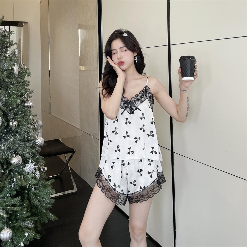 Pajamas Women's Spring and Summer New Ice and Snow Silk Thin Sweet and Cute Short Hanging Shorts Two-piece Set Lace Printing Set