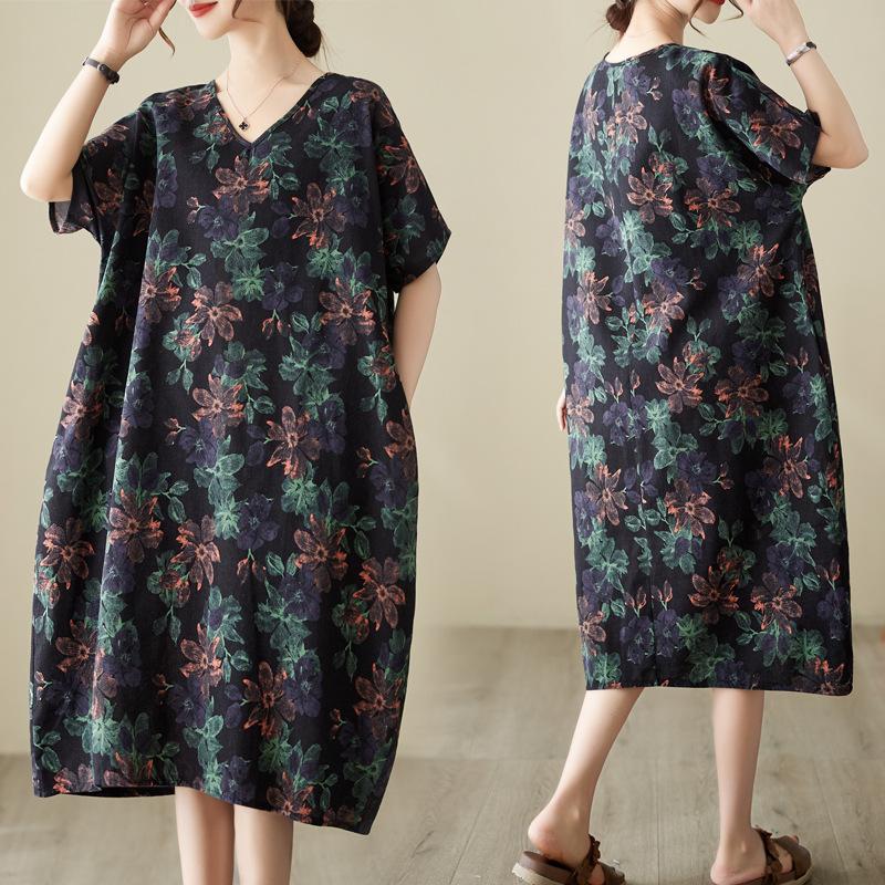 2026 new retro ethnic style summer new literary large size fat MM fattened large printed short-sleeved dress
