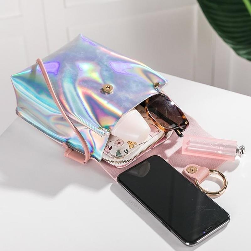 Women  Laser Cover Ring Hasp Crossbody Bag Ladies Coin Phone Shoulder Bag Solid Color Shoulde