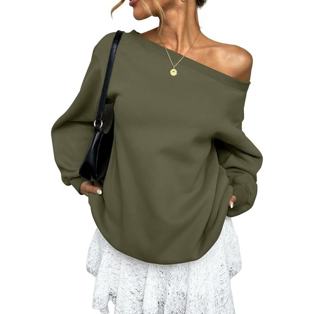 Women's Off Shoulder Long Sleeve Sweatshirt Loose Fit Casual Solid Color Pullover Top