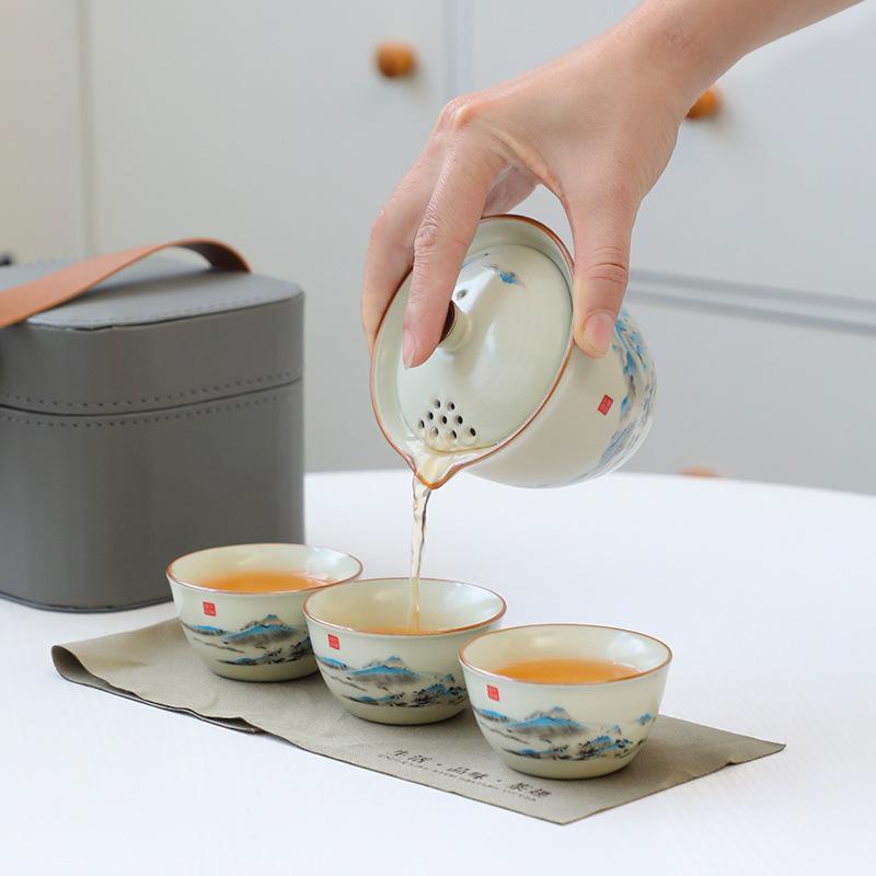 Portable Travel Ceramic Kuaike Cup, One Pot, Three Cups Of Outdoor Tea, Ru Kiln Kung Fu Tea Set, Business Gifts