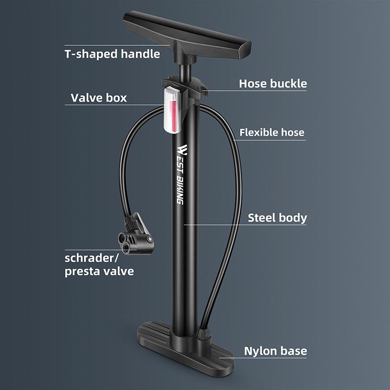 WEST BIKING Portable Bicycle Pump High Pressure Cycling Ball Inflator Standing Bike Hand Motorcycle Bike Tire Fill Pump Air Pump