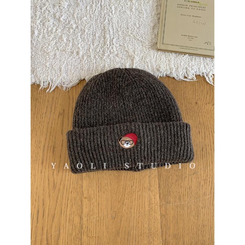 Autumn and Winter Thickened Warm Glasses Puppy Embroidered Knitted Woolen Hat for Women Korean Style Cold Proof Face Showing Small Pullover Hat