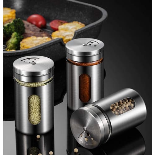 Morningplace Stainless Steel Seasoning Tins, Seasoning Jar Set with Salt, Pepper, and Sugar Shakers, Perfect for the Kitchen (Set of 6)