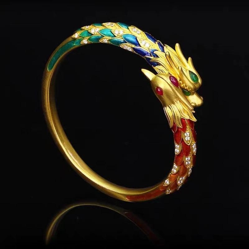 

Золотой цвет, китайский шикарный браслет с древней эмалью, Дракон Феникс, благоприятное открытие one size