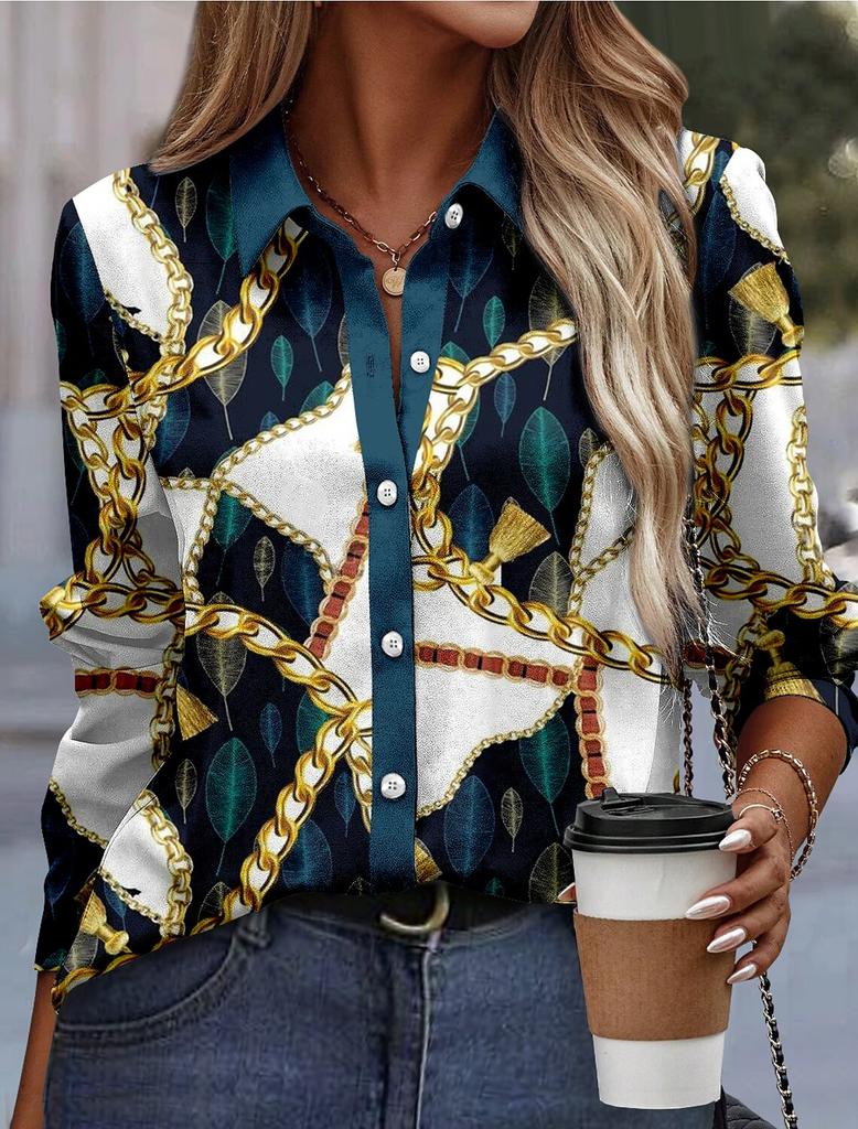 Funny Ladies Clothing Casual Long Sleeve Shirt V Neck Loose Spring and Autumn Green Chain Print Loose Plus Size Womens Shirt