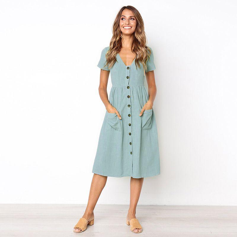 Nrj 2020 Hot Sale V-neck Button-up Short Sleeve Women's Dress With Pockets