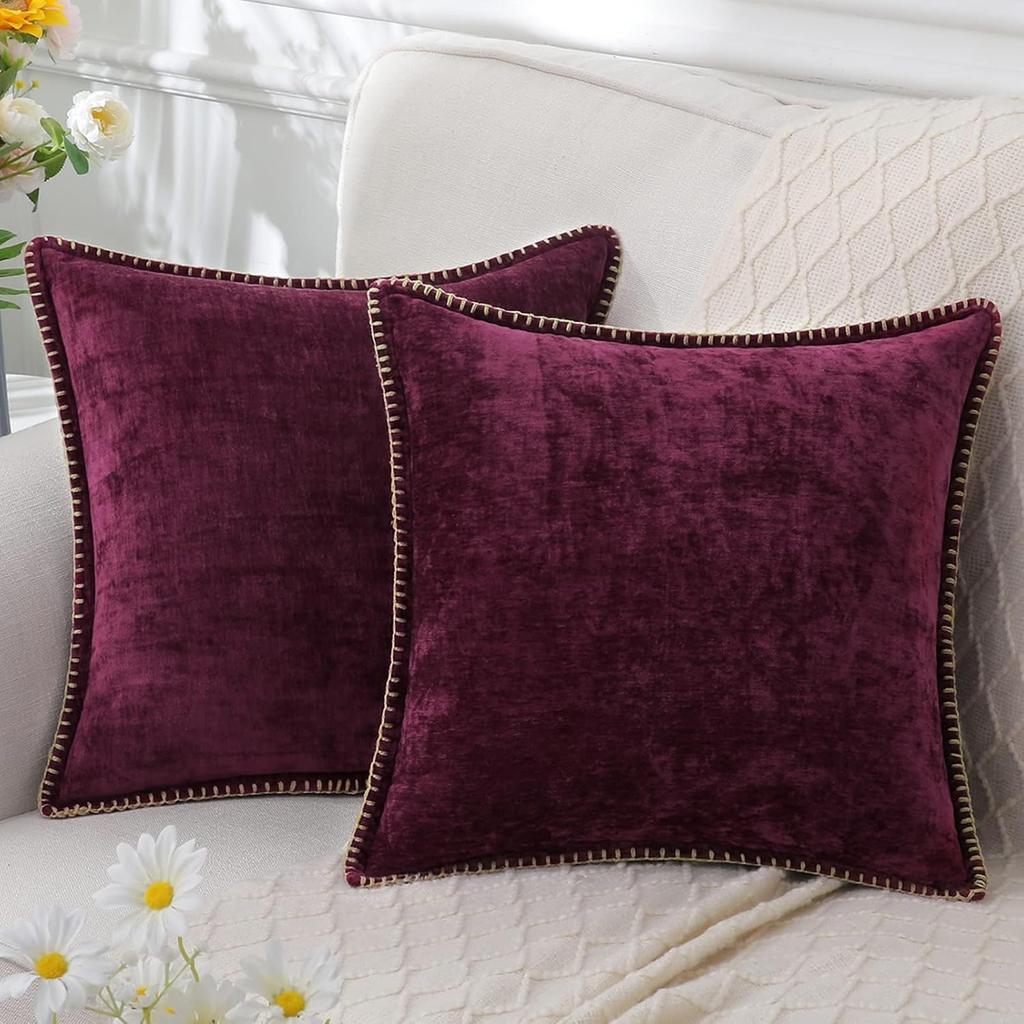 Chenille Soft Throw Pillow Covers  Spring Farmhouse Velvet Pillow Covers, Decorative Square Pillow Covers with Stitched Edge