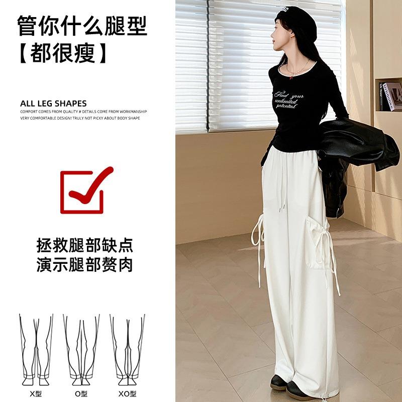 Bow Big Pocket Wide-leg Pants Women's Spring and Autumn New High-waisted and Thin Wide-leg Pants Casual Sweatpants