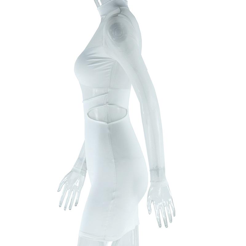 Europäischer und Amerikanischer Stil Modisches Damenkleid in Unifarbe, Sexy Ausschnittkleid, Netzspitze, Hüftbetonender Rock