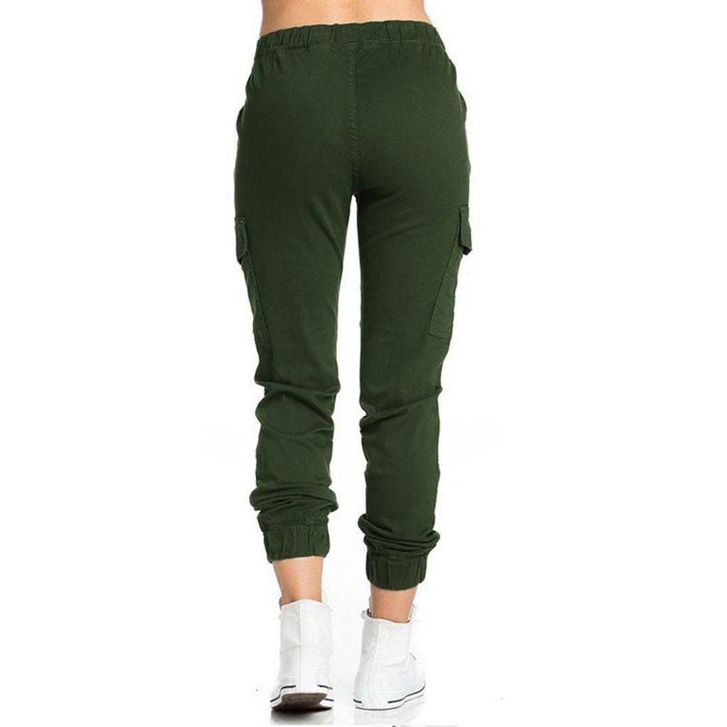 Women's Color Cargo Casual Elastic Waist String Side Pocket Trousers Long Pants