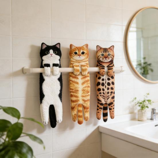 Ręcznik do rąk 3D Kotek Kitty Ręcznik do rąk z zatrzaskami Wiszący Dekoracyjny Miękki Chłonny Szybkoschnący Ręcznik do twarzy Artykuły łazienkowe