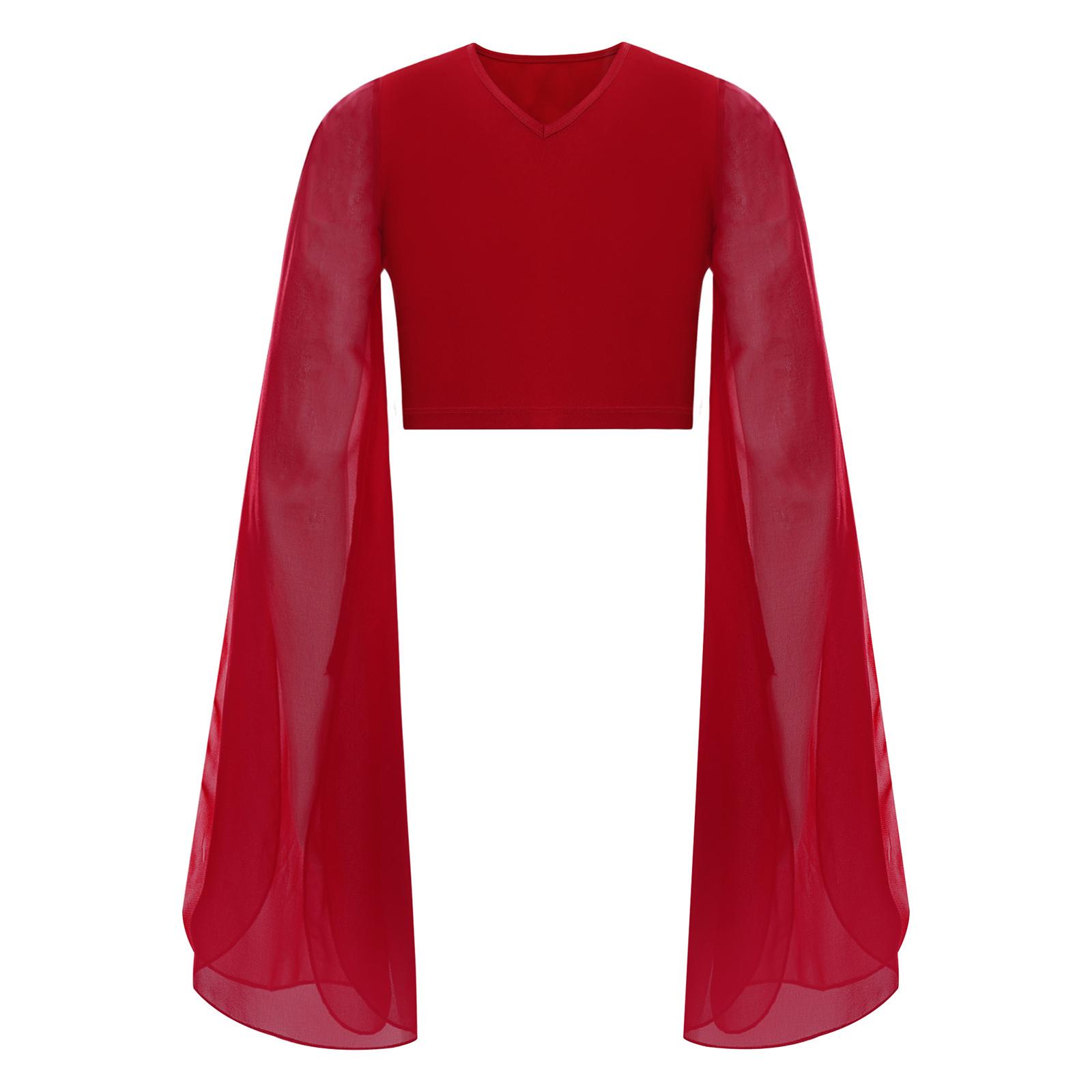 Классический укороченный топ для девочек: Элегантный топ с V-образным вырезом и расклешенными рукавами для тренировок и выступлений бордовый