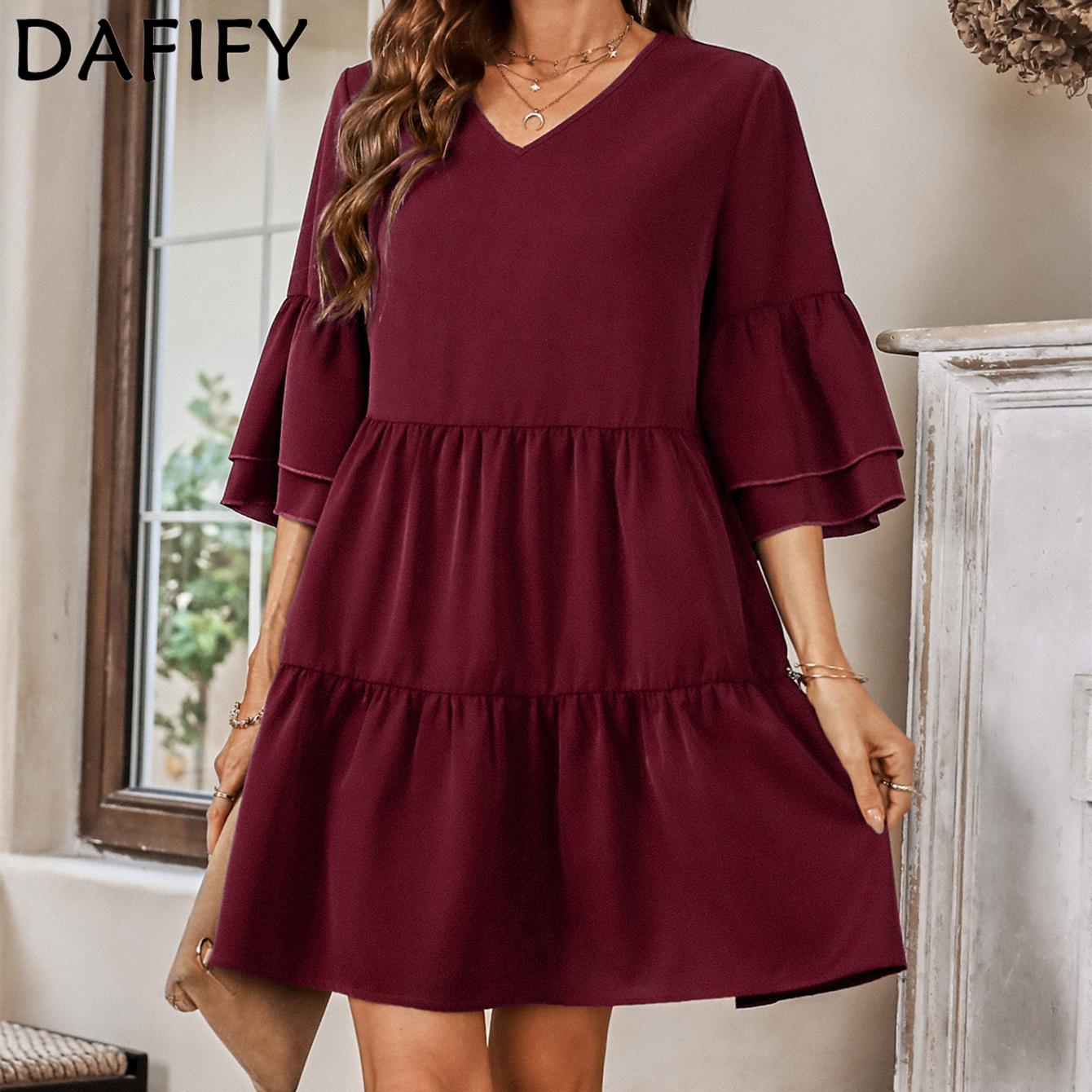

DAFIFY женские модные летние весенние однотонные повседневные платья с рукавами 1/2 и v-образным вырезом со средней талией
